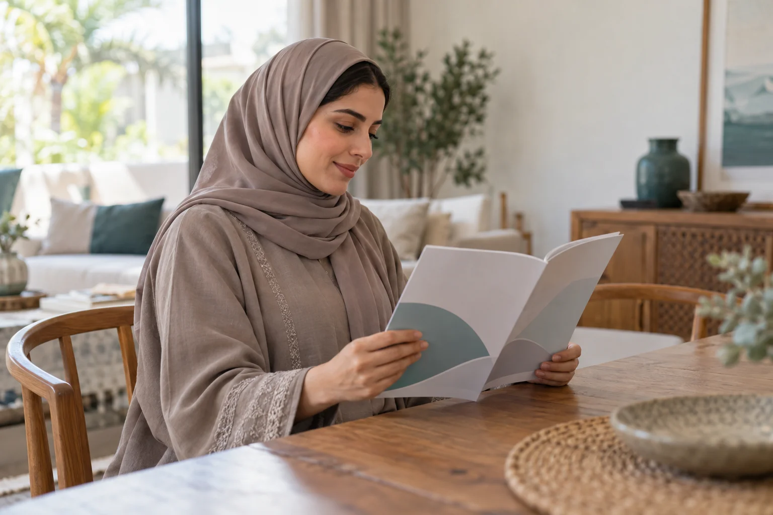 صورة تعبيرية لامرأة تقرأ كتيّب معلومات في منزل مضاء بضوء طبيعي.