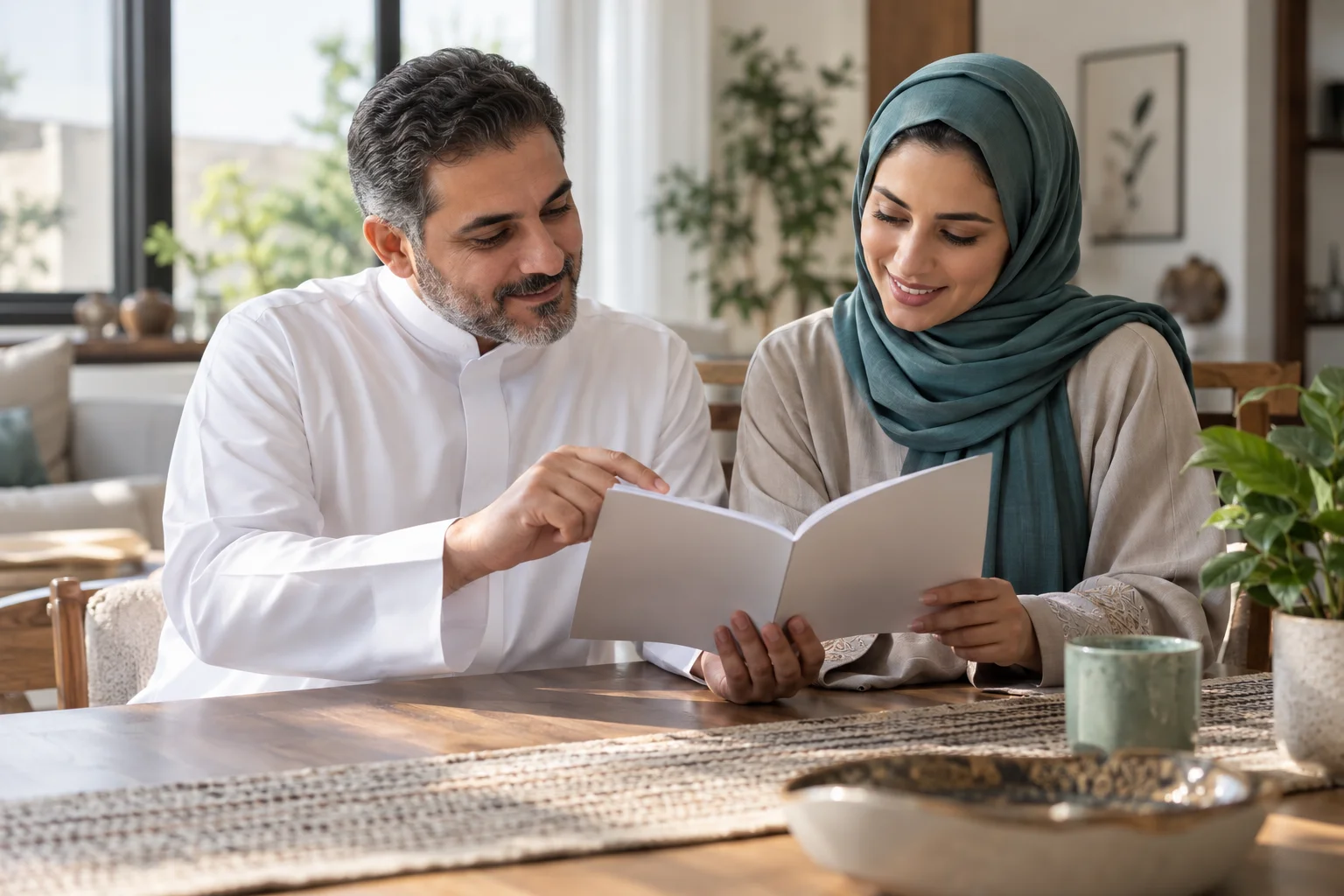 صورة تعبيرية لرجل وامرأة يستعرضان كتيّب معلومات معًا في المنزل.