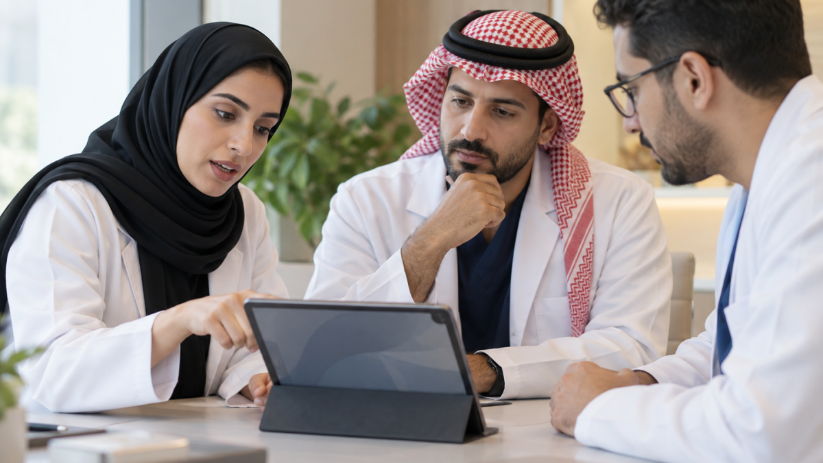 مختصون سعوديون في طب الأعصاب يراجعون دليلًا للرعاية خلال اجتماع مهني.