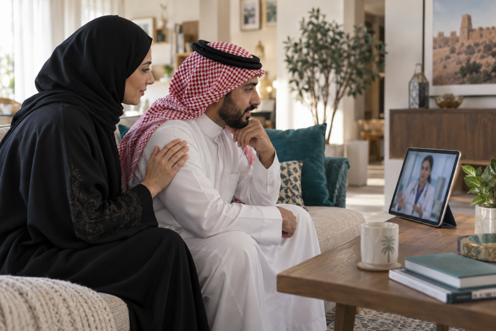 مريض سعودي وأحد أفراد أسرته يتابعان استشارة طبية عن بُعد.