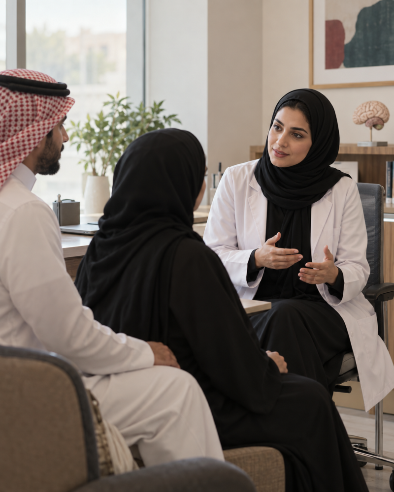 طبيبة أعصاب سعودية تشرح خطة الرعاية لمريض وأحد أفراد أسرته في عيادة.